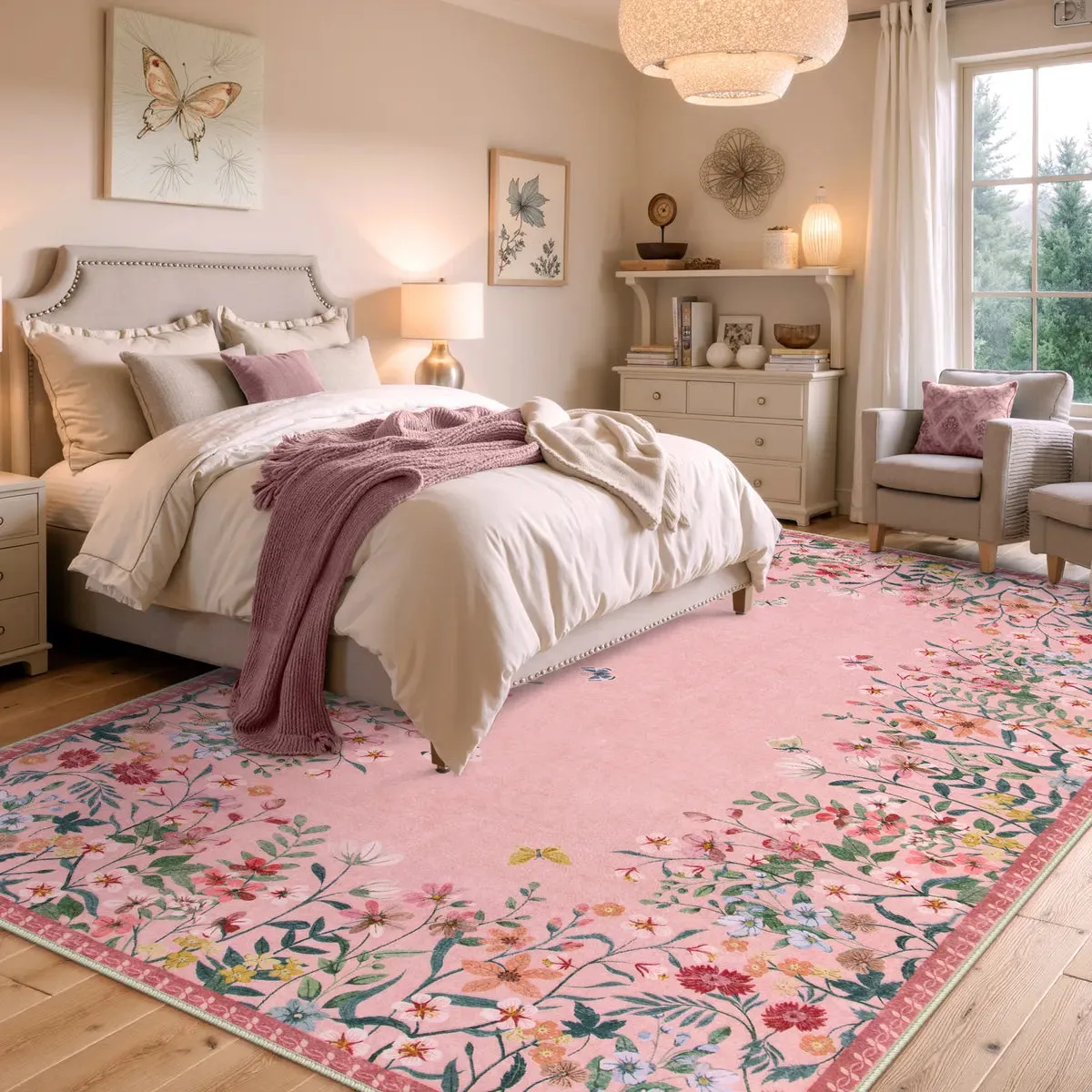 Solene Modern Blooming Floral Garden Pink Area Rug