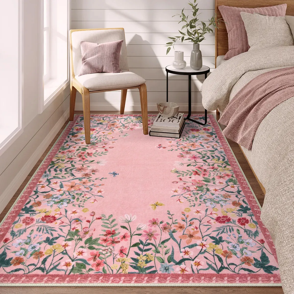 Solene Modern Blooming Floral Garden Pink Area Rug