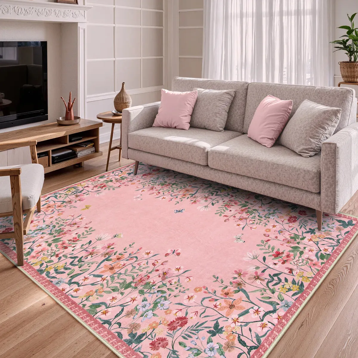 Solene Modern Blooming Floral Garden Pink Area Rug