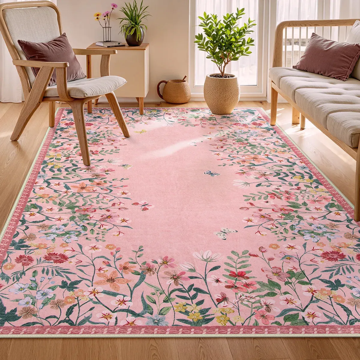 Solene Modern Blooming Floral Garden Pink Area Rug