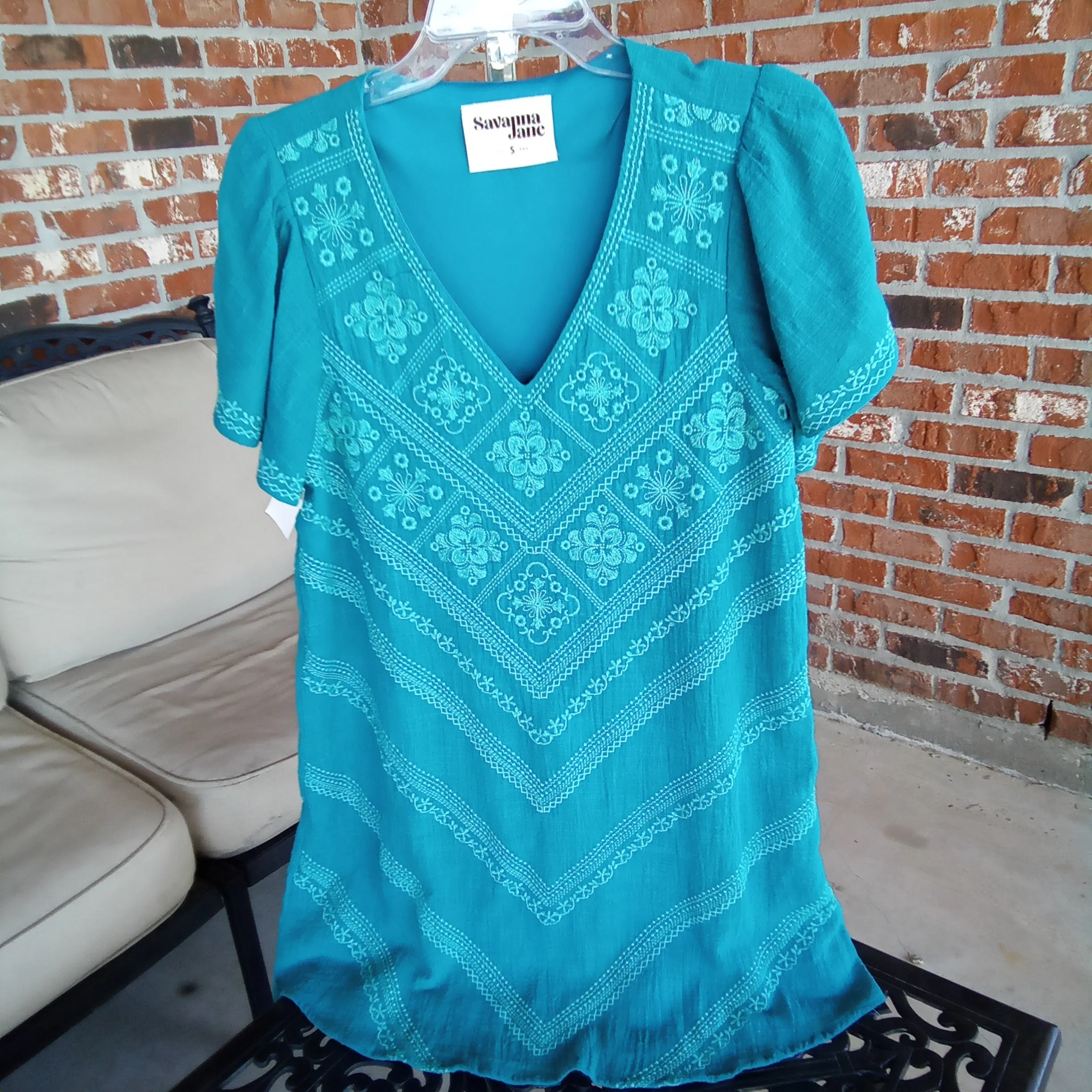 Teal Embroidered V Neck Mid Dress | Savanna Jane