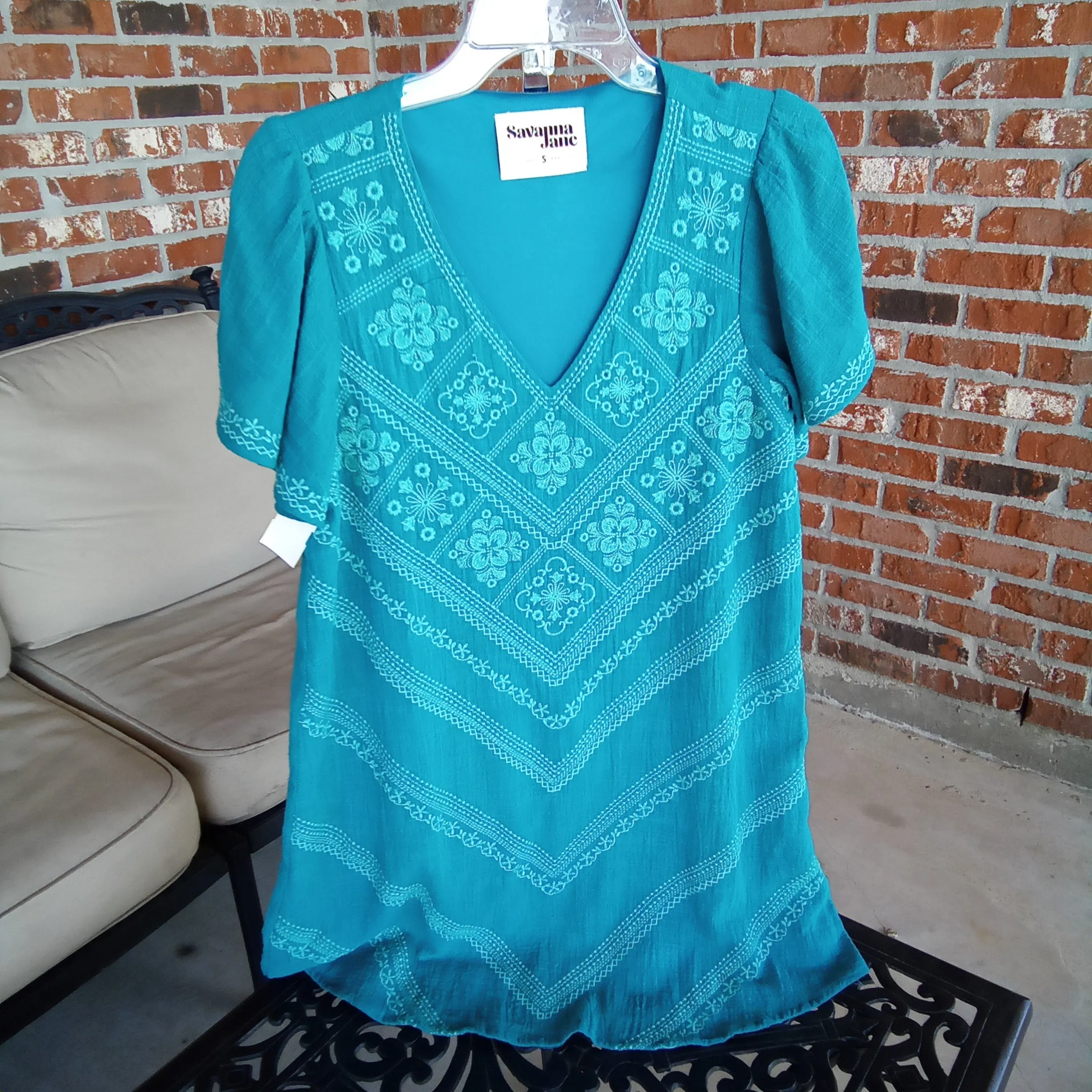 Teal Embroidered V Neck Mid Dress | Savanna Jane