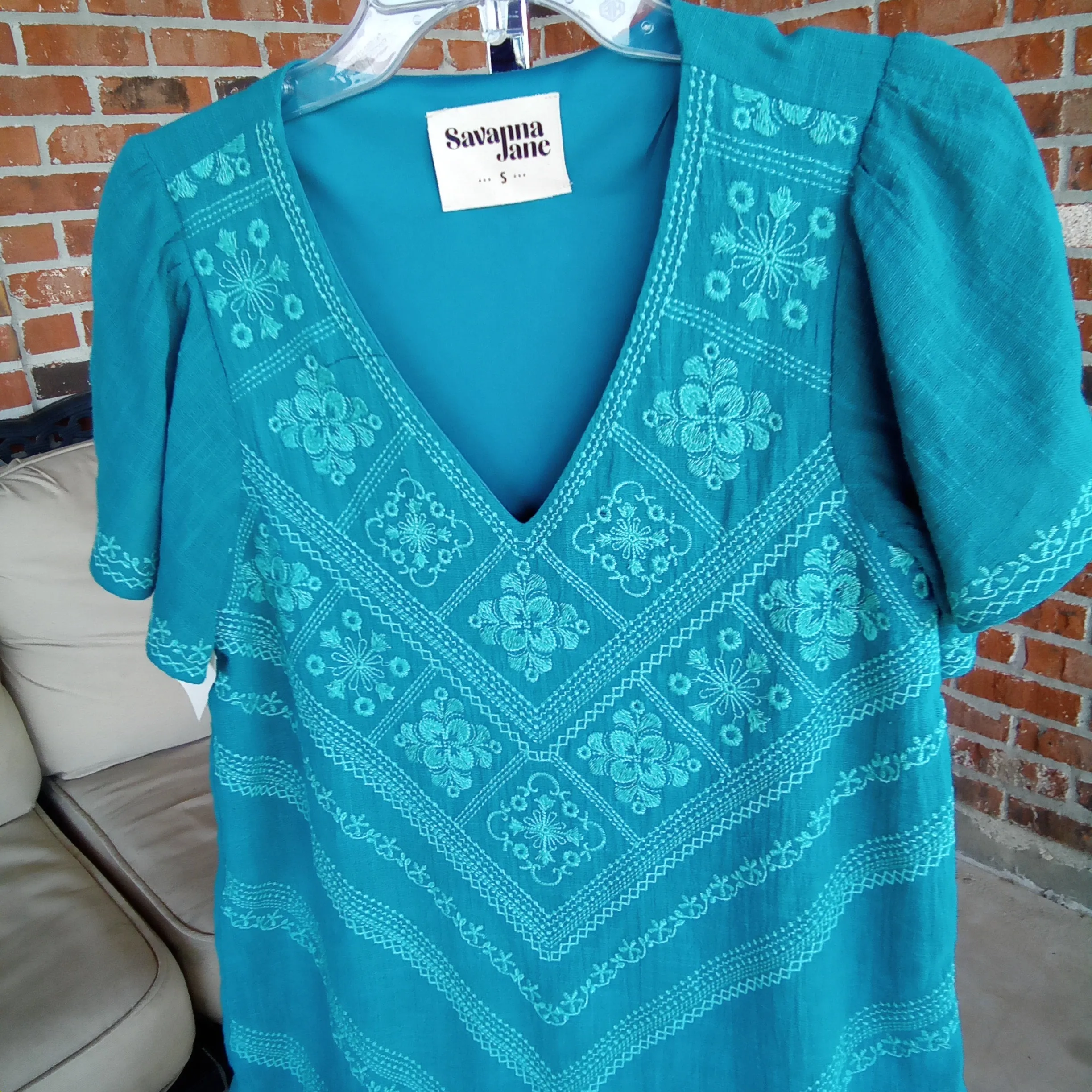 Teal Embroidered V Neck Mid Dress | Savanna Jane