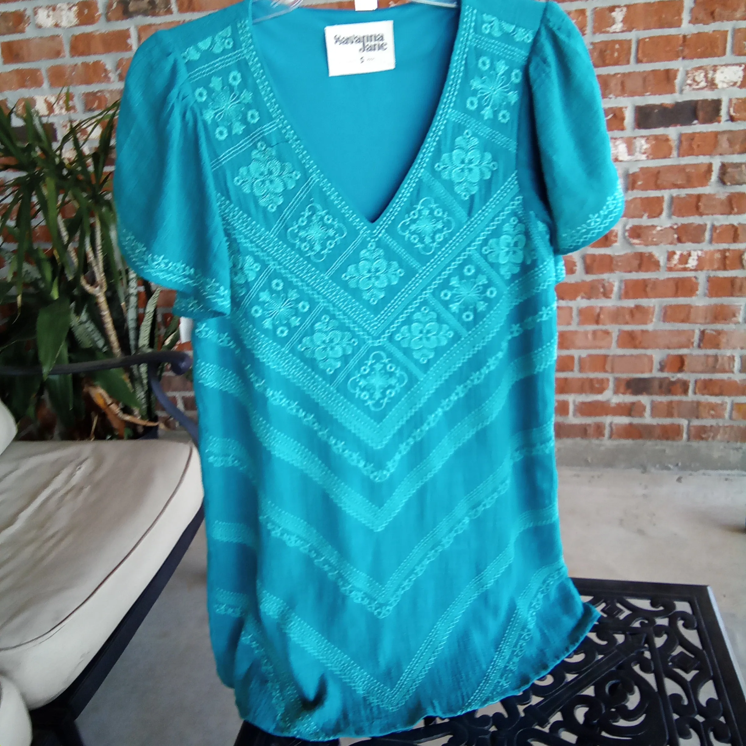 Teal Embroidered V Neck Mid Dress | Savanna Jane
