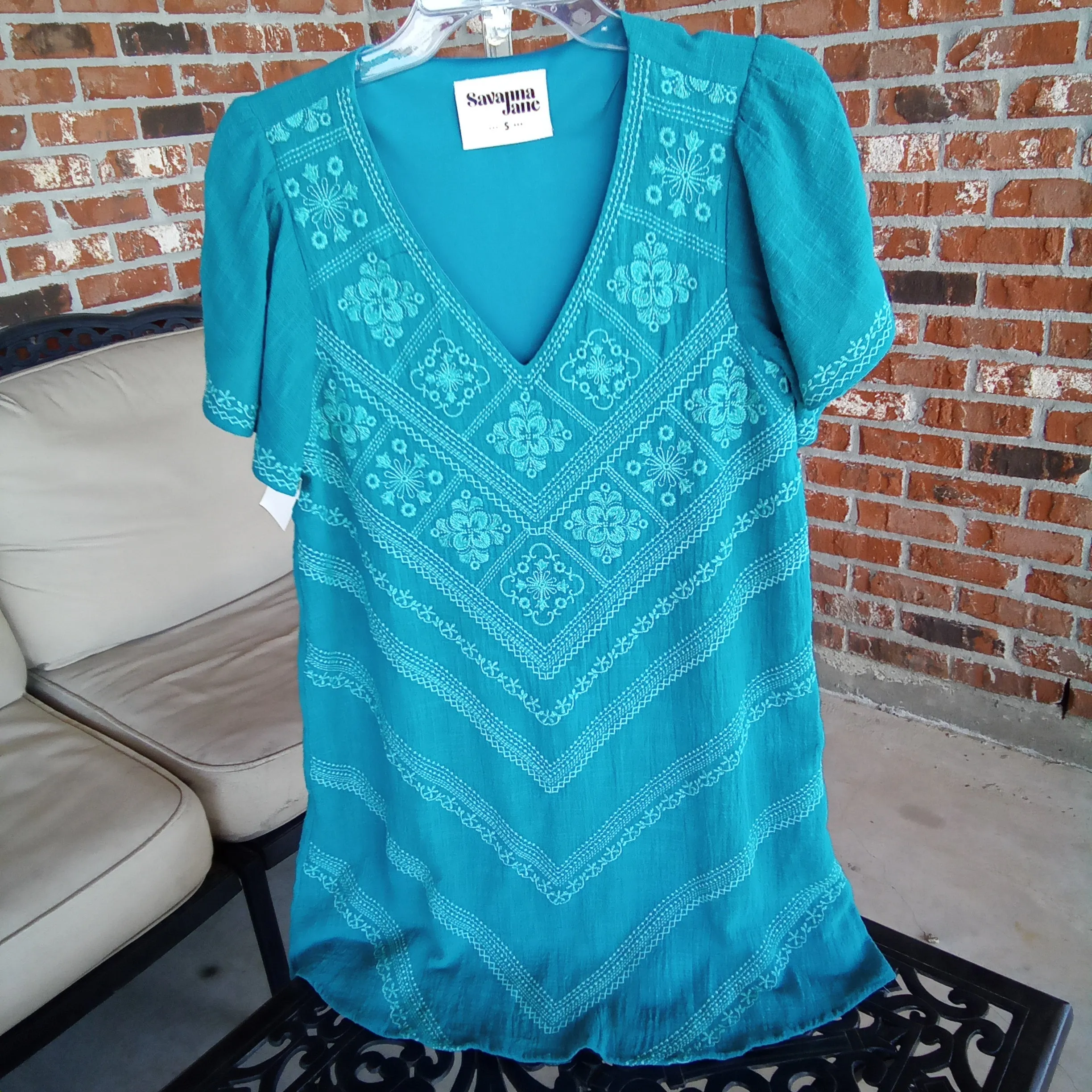 Teal Embroidered V Neck Mid Dress | Savanna Jane