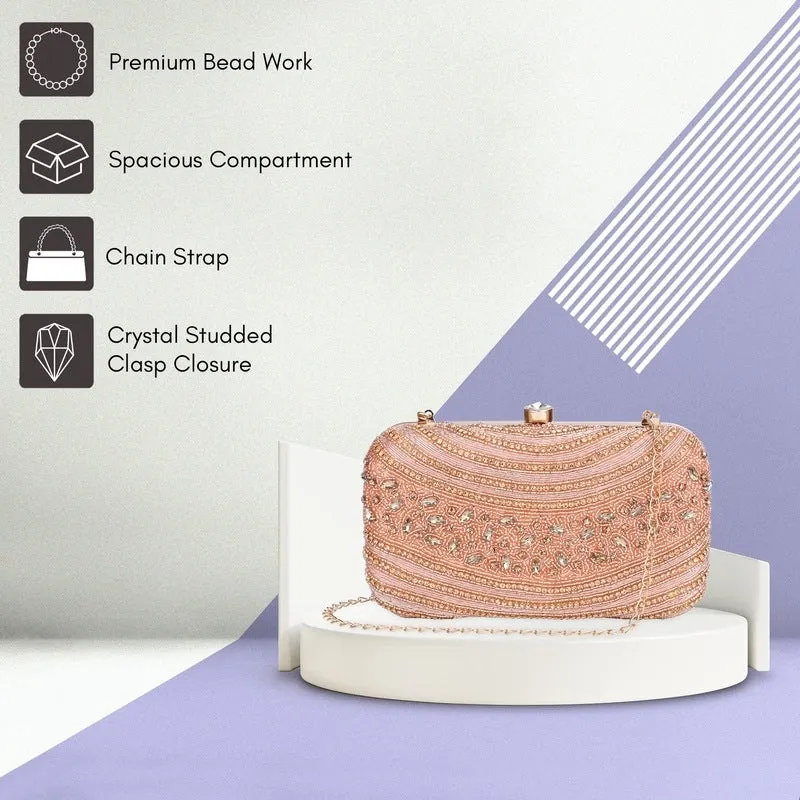THE CLOWNFISH Emerald Collection Womens Party Clutch Ladies Wallet Evening Bag with Fashionable Round Corners Beads Work Floral Design (Golden)