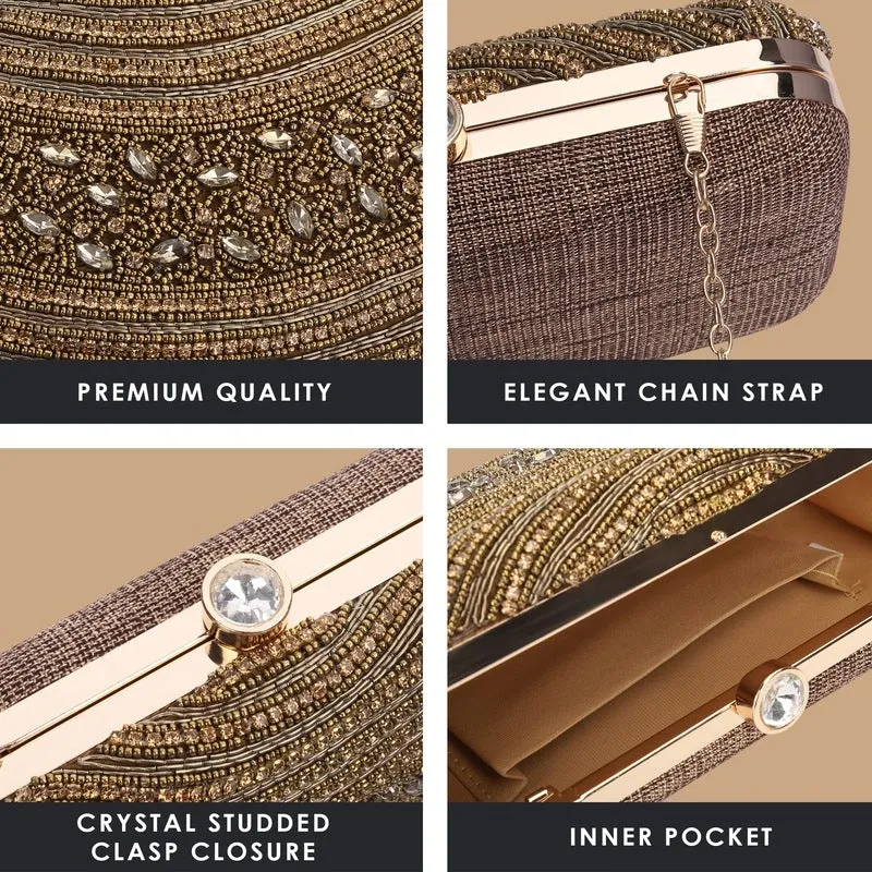 THE CLOWNFISH Emerald Collection Womens Party Clutch Ladies Wallet Evening Bag with Fashionable Round Corners Beads Work Floral Design (Golden)