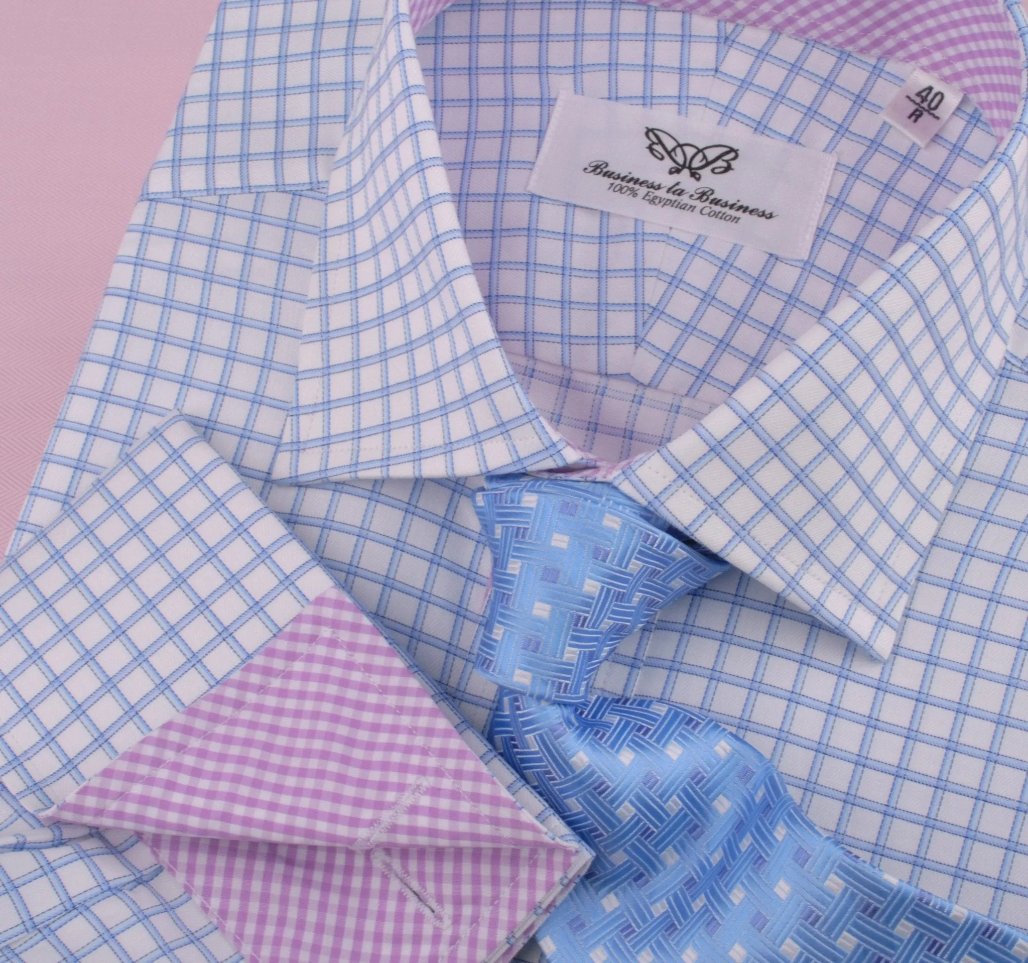 Thick Blue Plaid Checkered Formal Business Dress Shirt with Pink Gingham Designer Inner-Lining