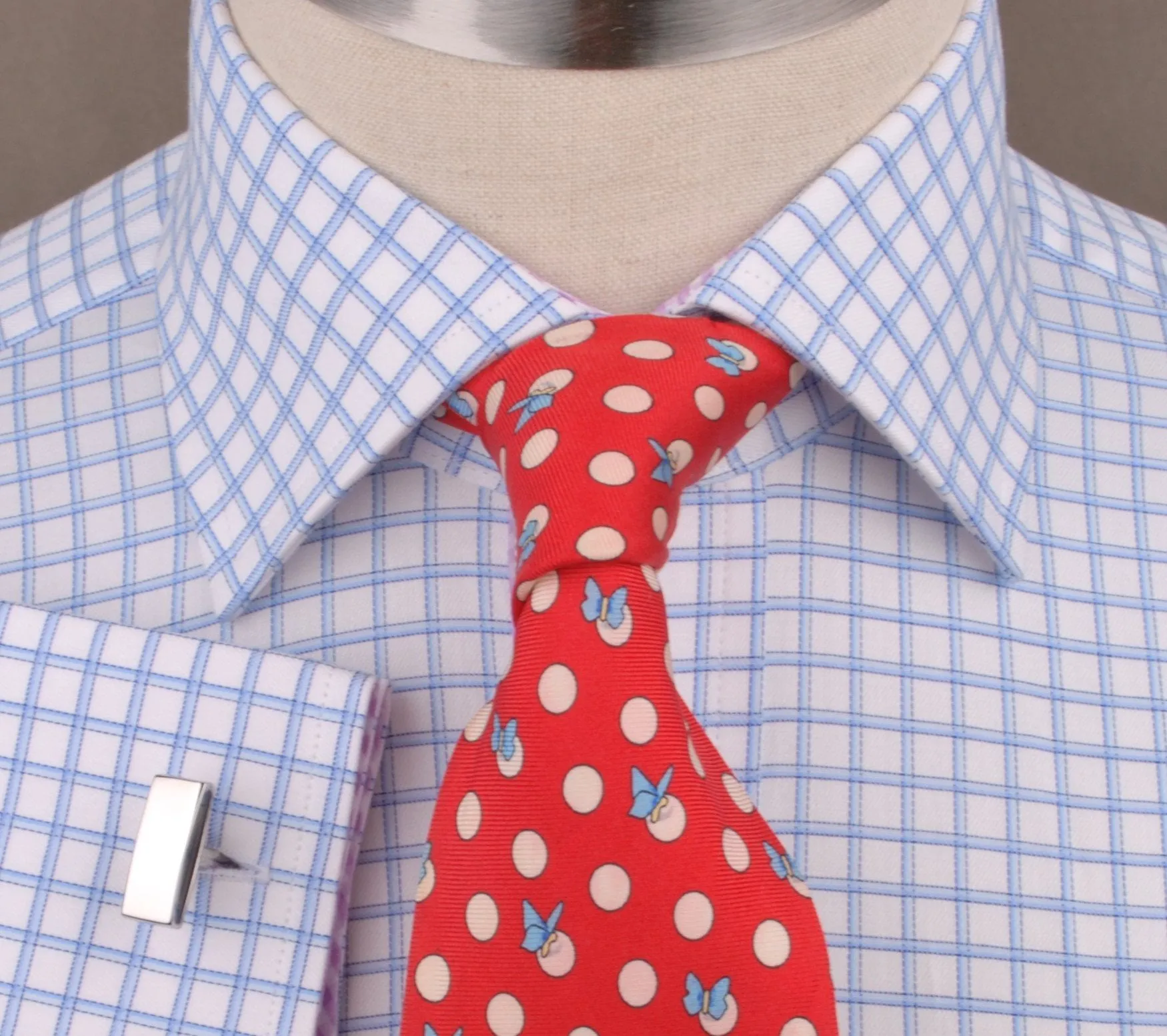 Thick Blue Plaid Checkered Formal Business Dress Shirt with Pink Gingham Designer Inner-Lining
