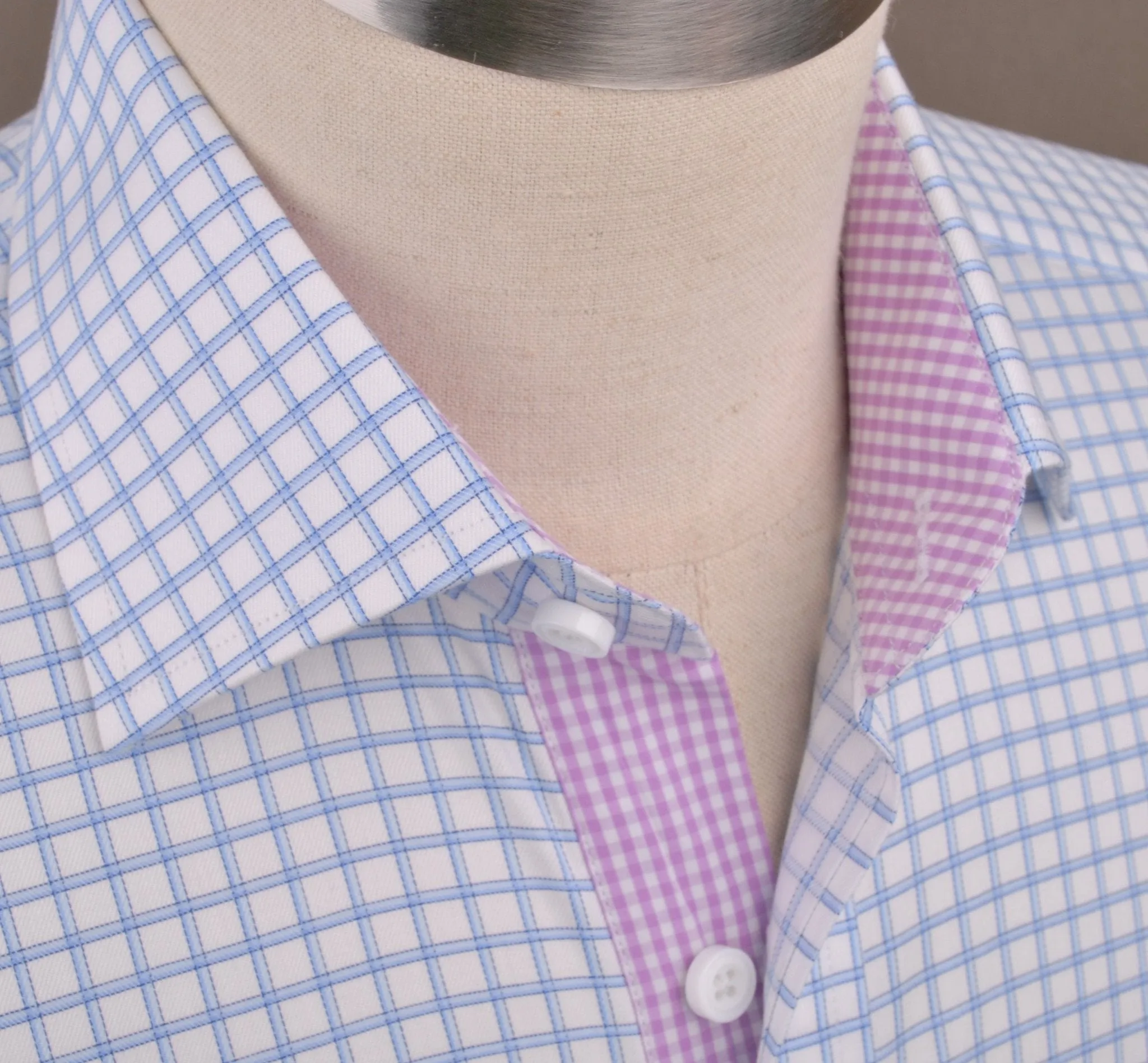 Thick Blue Plaid Checkered Formal Business Dress Shirt with Pink Gingham Designer Inner-Lining