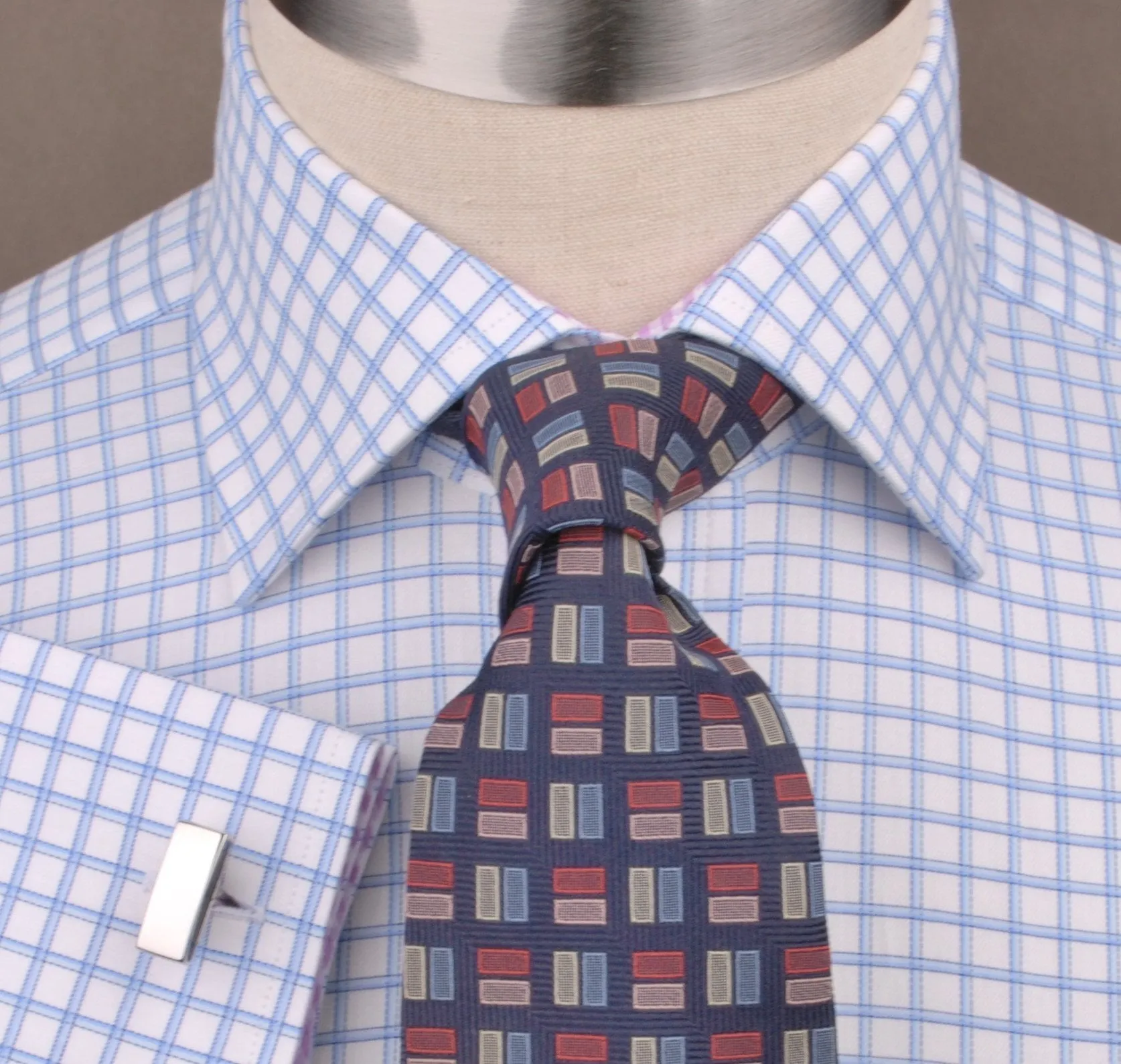 Thick Blue Plaid Checkered Formal Business Dress Shirt with Pink Gingham Designer Inner-Lining
