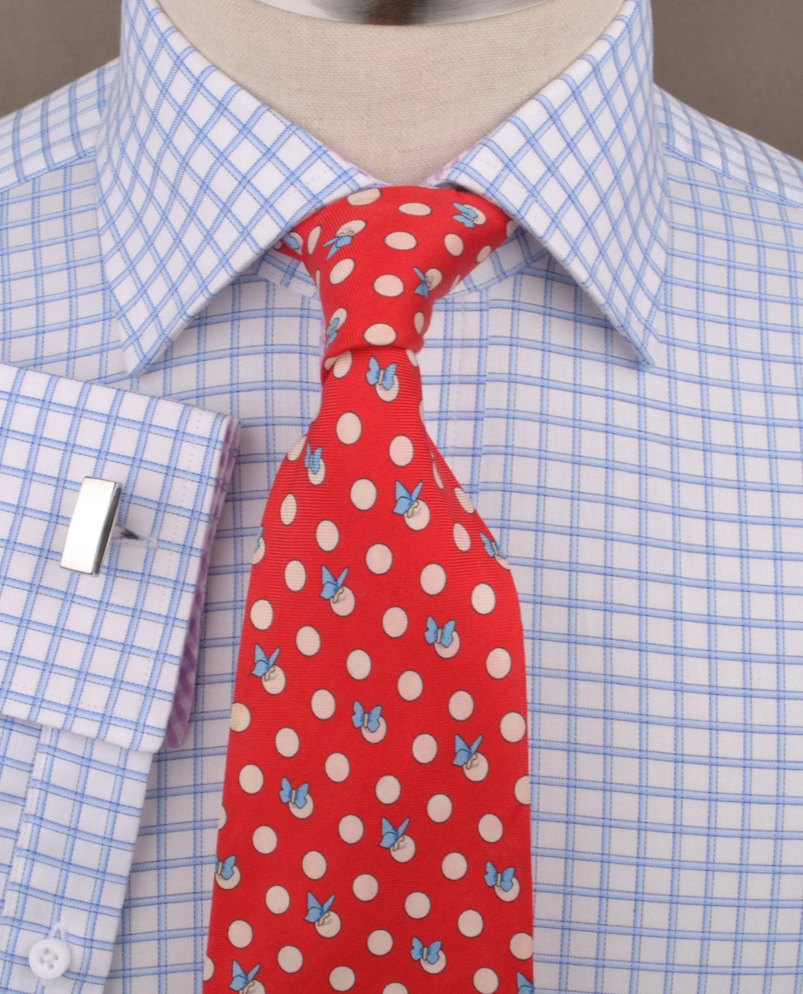 Thick Blue Plaid Checkered Formal Business Dress Shirt with Pink Gingham Designer Inner-Lining