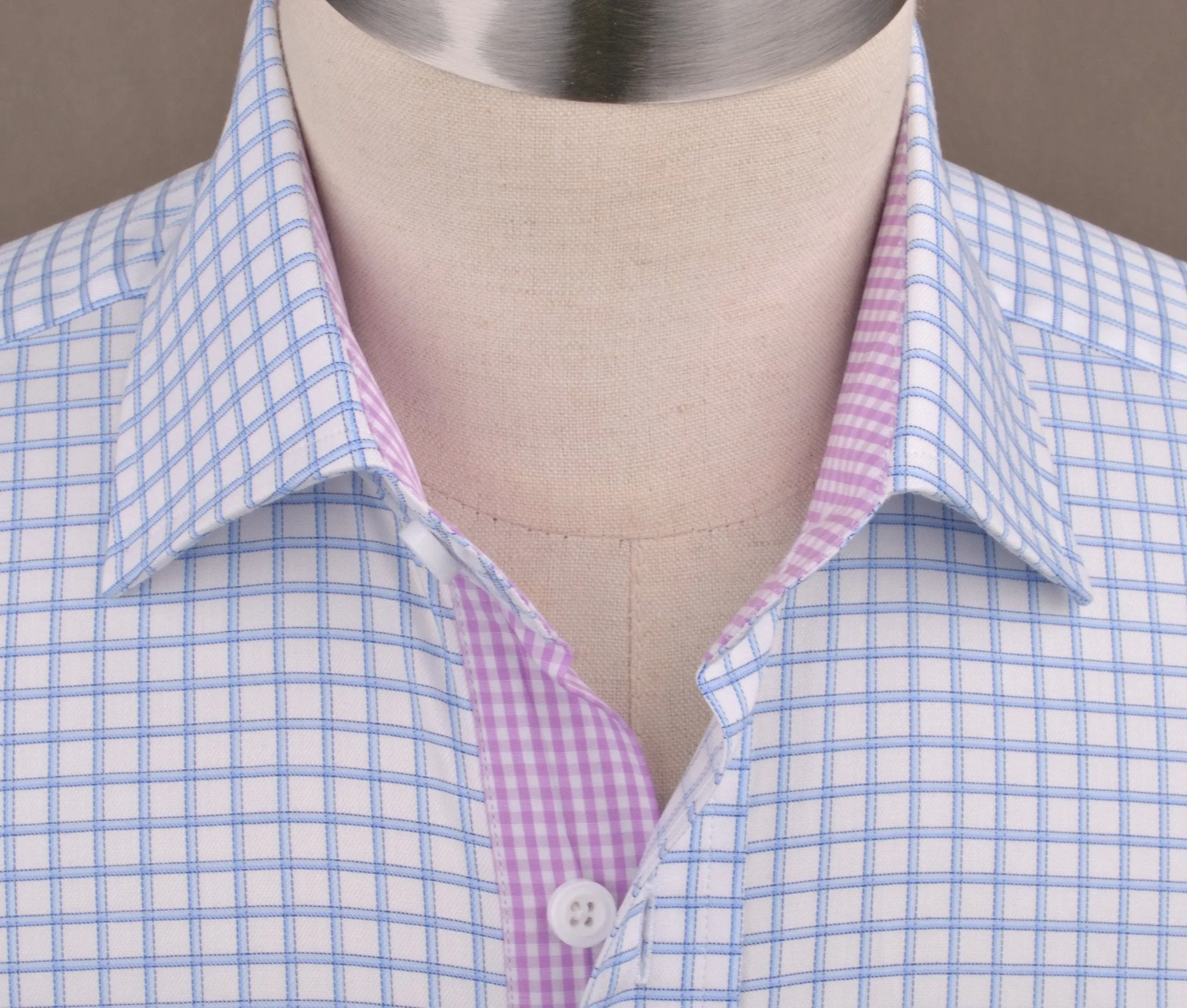 Thick Blue Plaid Checkered Formal Business Dress Shirt with Pink Gingham Designer Inner-Lining