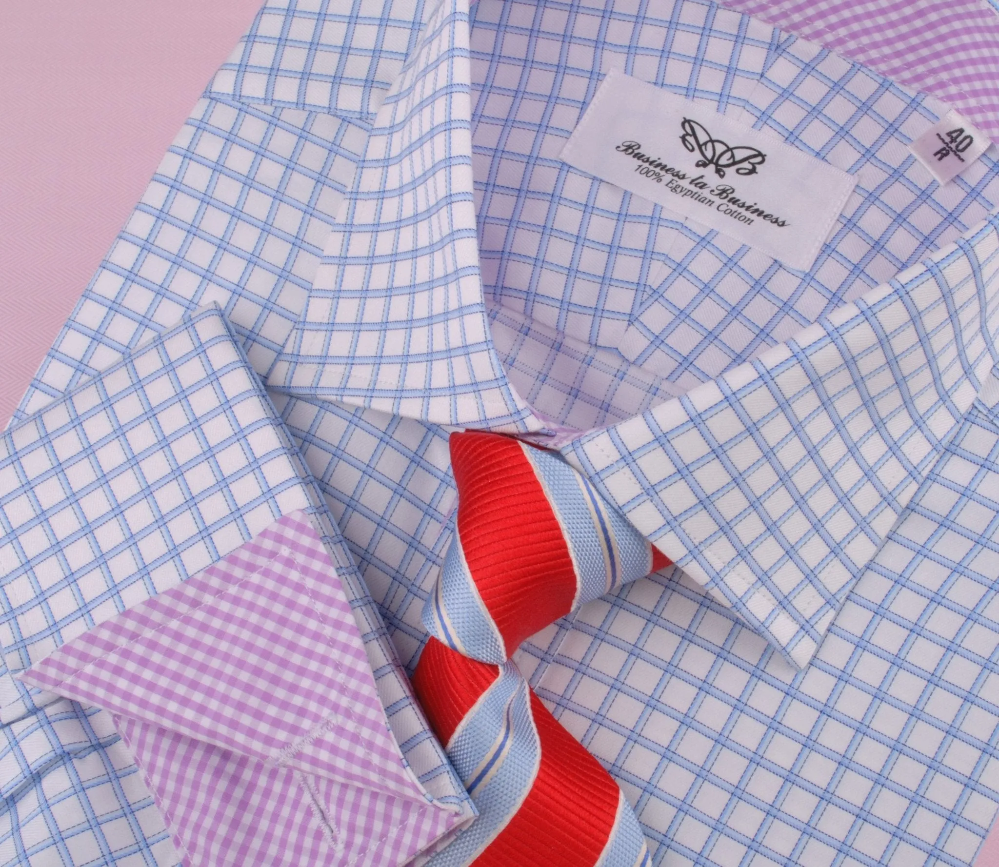 Thick Blue Plaid Checkered Formal Business Dress Shirt with Pink Gingham Designer Inner-Lining