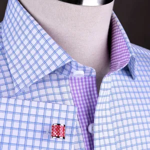 Thick Blue Plaid Checkered Formal Business Dress Shirt with Pink Gingham Designer Inner-Lining