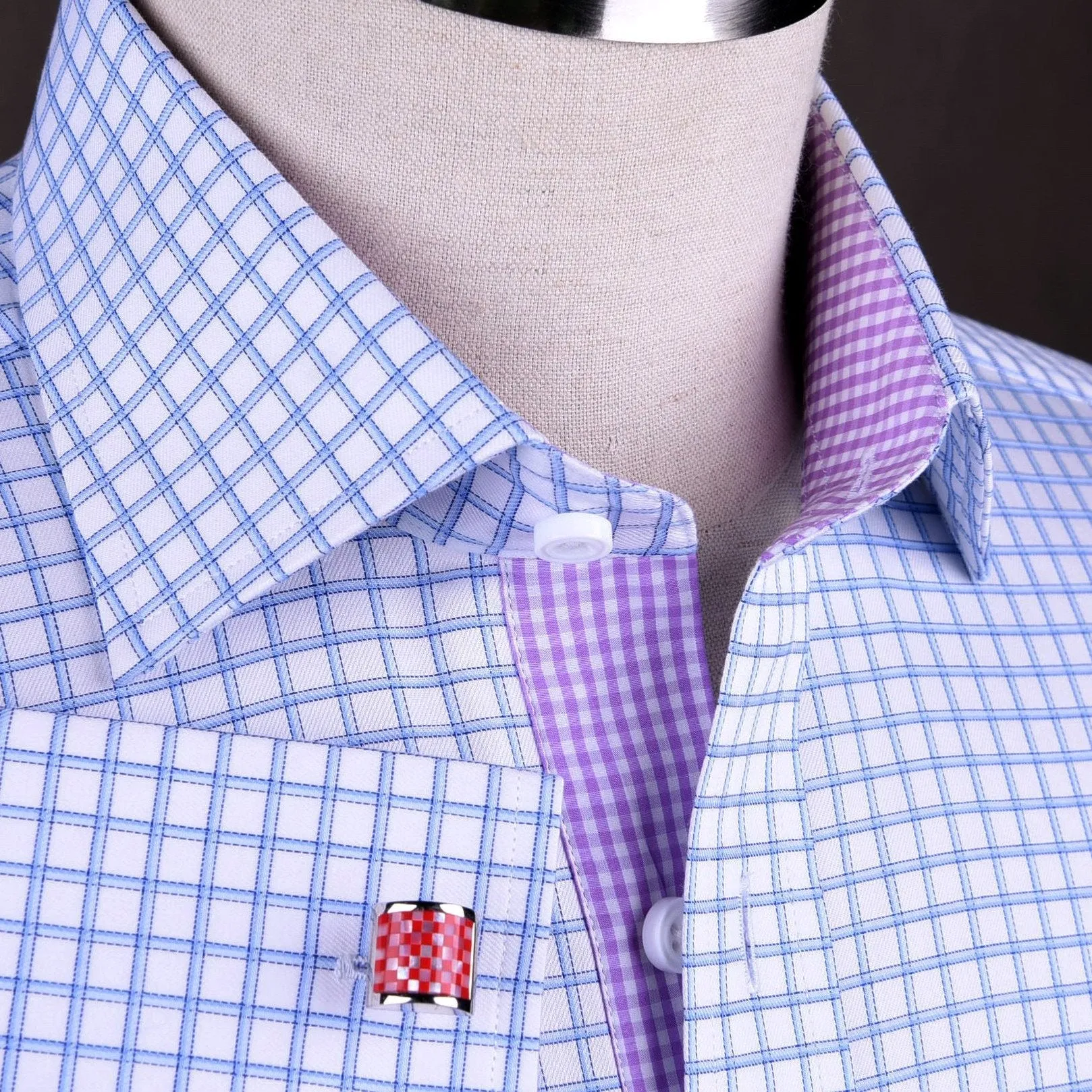 Thick Blue Plaid Checkered Formal Business Dress Shirt with Pink Gingham Designer Inner-Lining