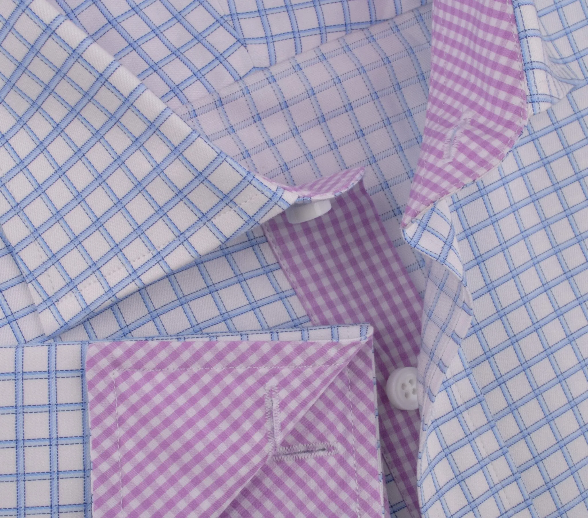 Thick Blue Plaid Checkered Formal Business Dress Shirt with Pink Gingham Designer Inner-Lining