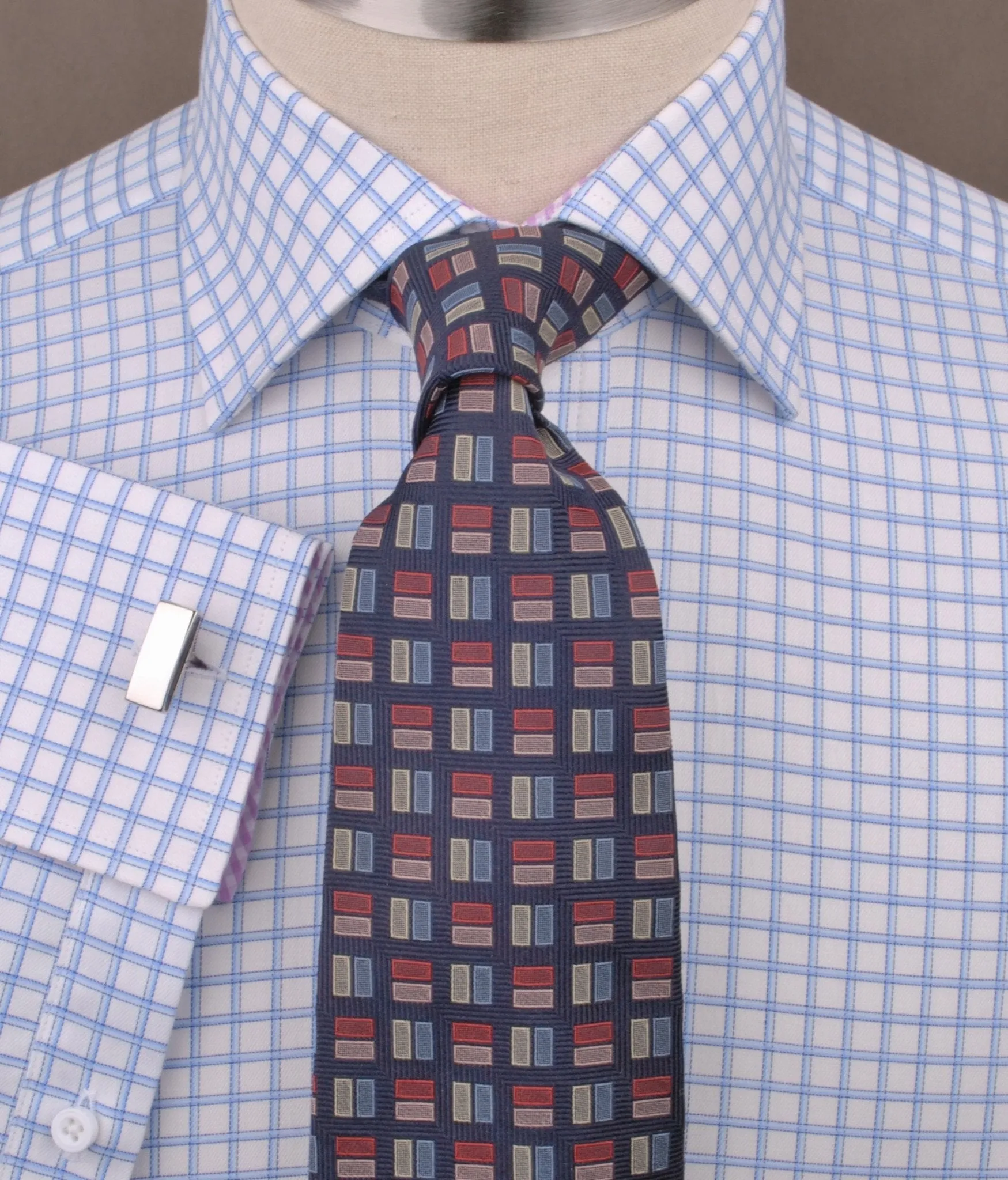 Thick Blue Plaid Checkered Formal Business Dress Shirt with Pink Gingham Designer Inner-Lining