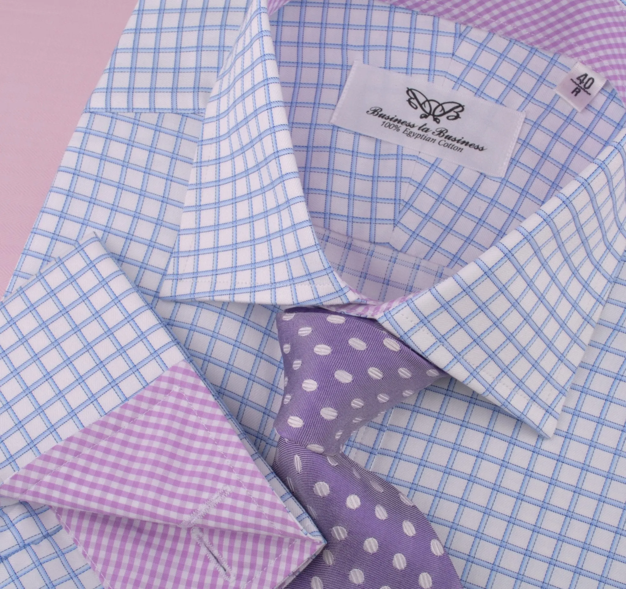 Thick Blue Plaid Checkered Formal Business Dress Shirt with Pink Gingham Designer Inner-Lining