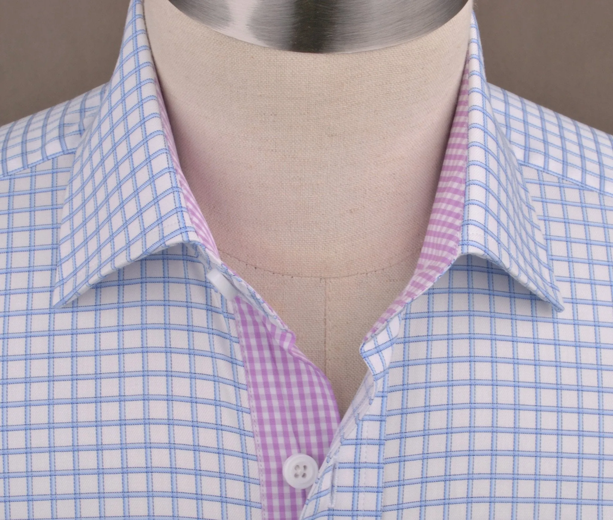 Thick Blue Plaid Checkered Formal Business Dress Shirt with Pink Gingham Designer Inner-Lining