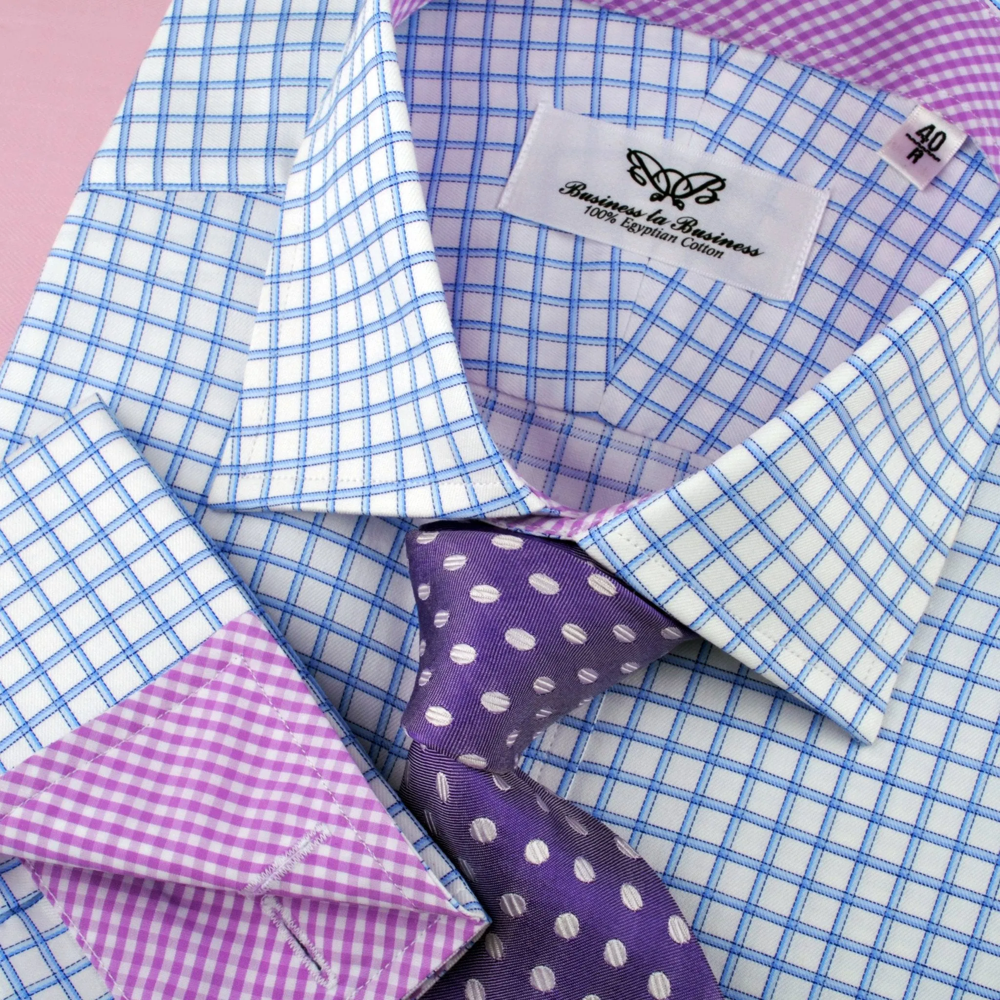 Thick Blue Plaid Checkered Formal Business Dress Shirt with Pink Gingham Designer Inner-Lining