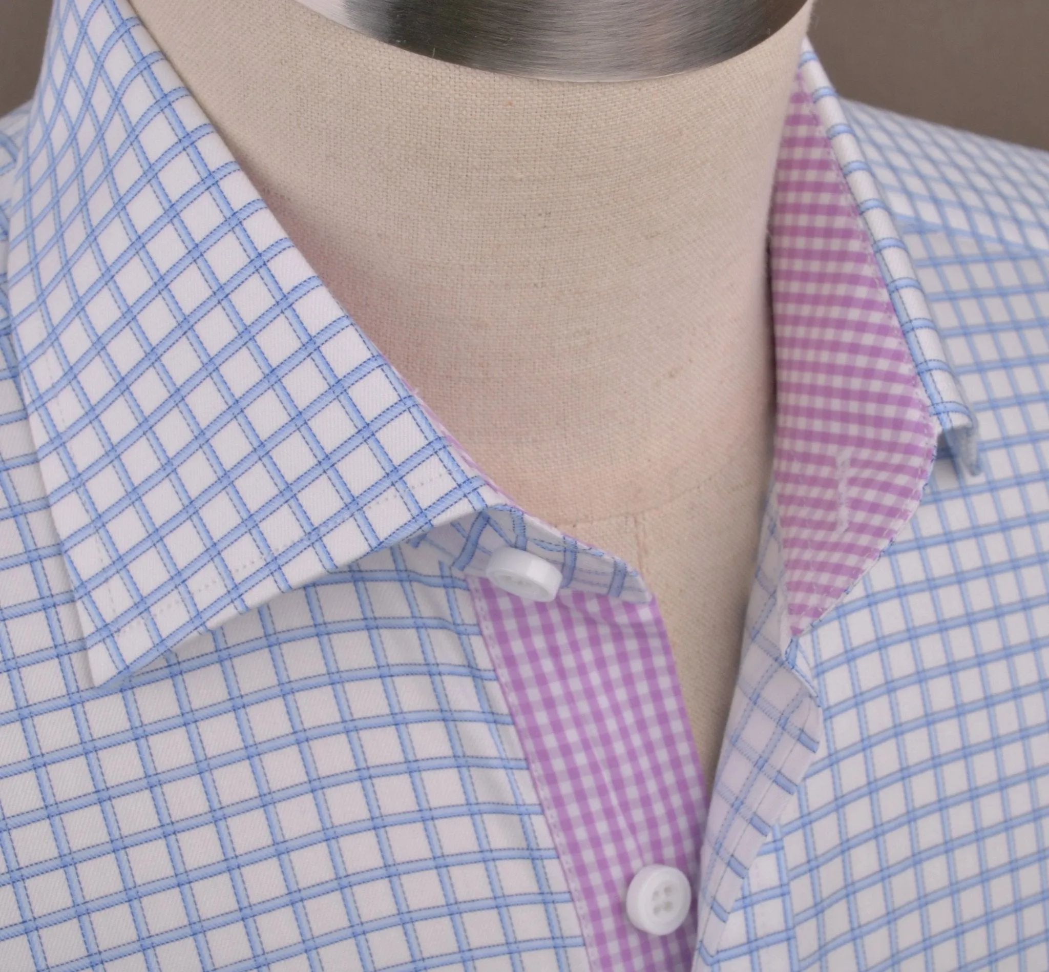 Thick Blue Plaid Checkered Formal Business Dress Shirt with Pink Gingham Designer Inner-Lining
