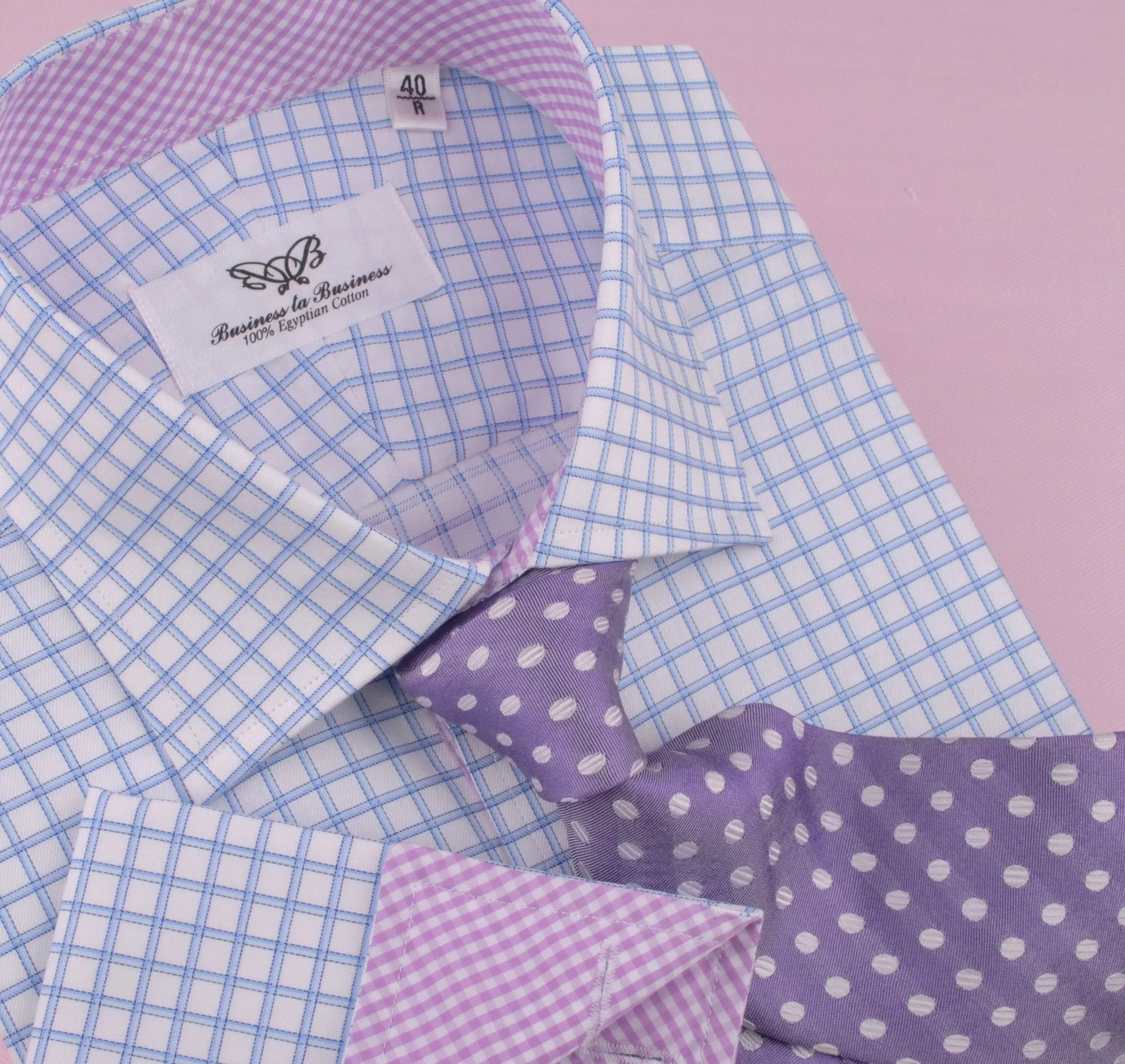 Thick Blue Plaid Checkered Formal Business Dress Shirt with Pink Gingham Designer Inner-Lining