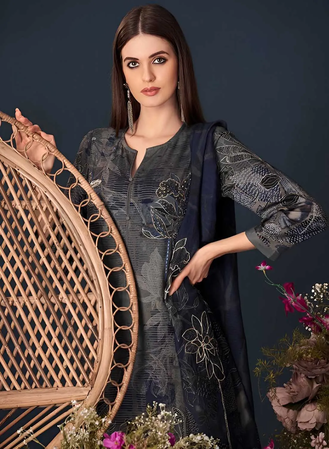 Unstitched Grey Printed Pashmina Winter Suit Dress Material for Women