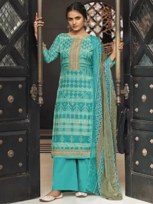 Unstitched Ocean Blue Cotton Printed Suit Materials with Dupatta