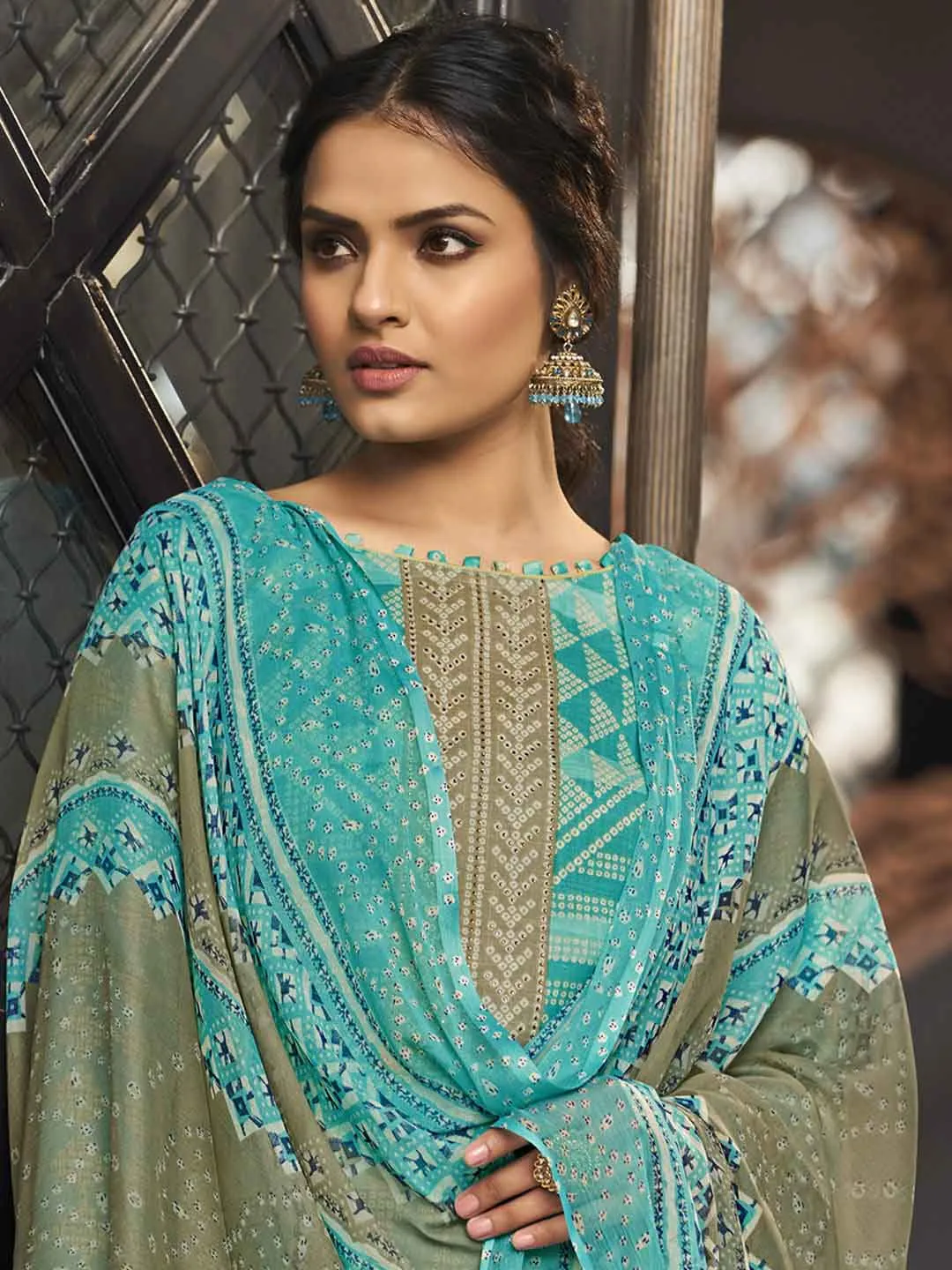 Unstitched Ocean Blue Cotton Printed Suit Materials with Dupatta