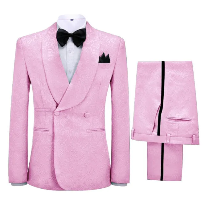 Valentine Fashionable Pink Jacquard Shawl Collar Double-Breasted Wedding Suit