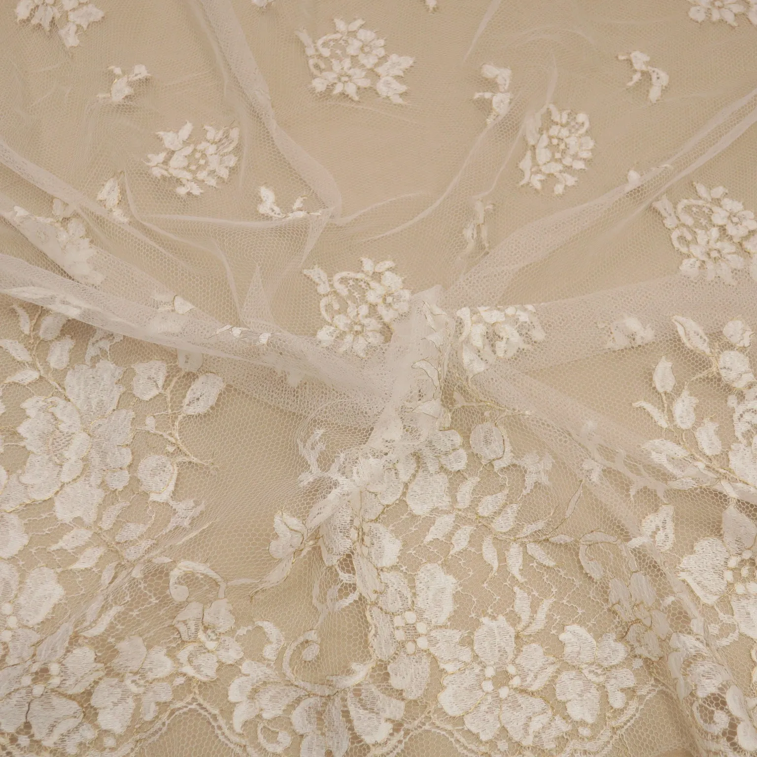White and Gold Embroidered Chantilly Floral Single Scalloped Lace Solstiss