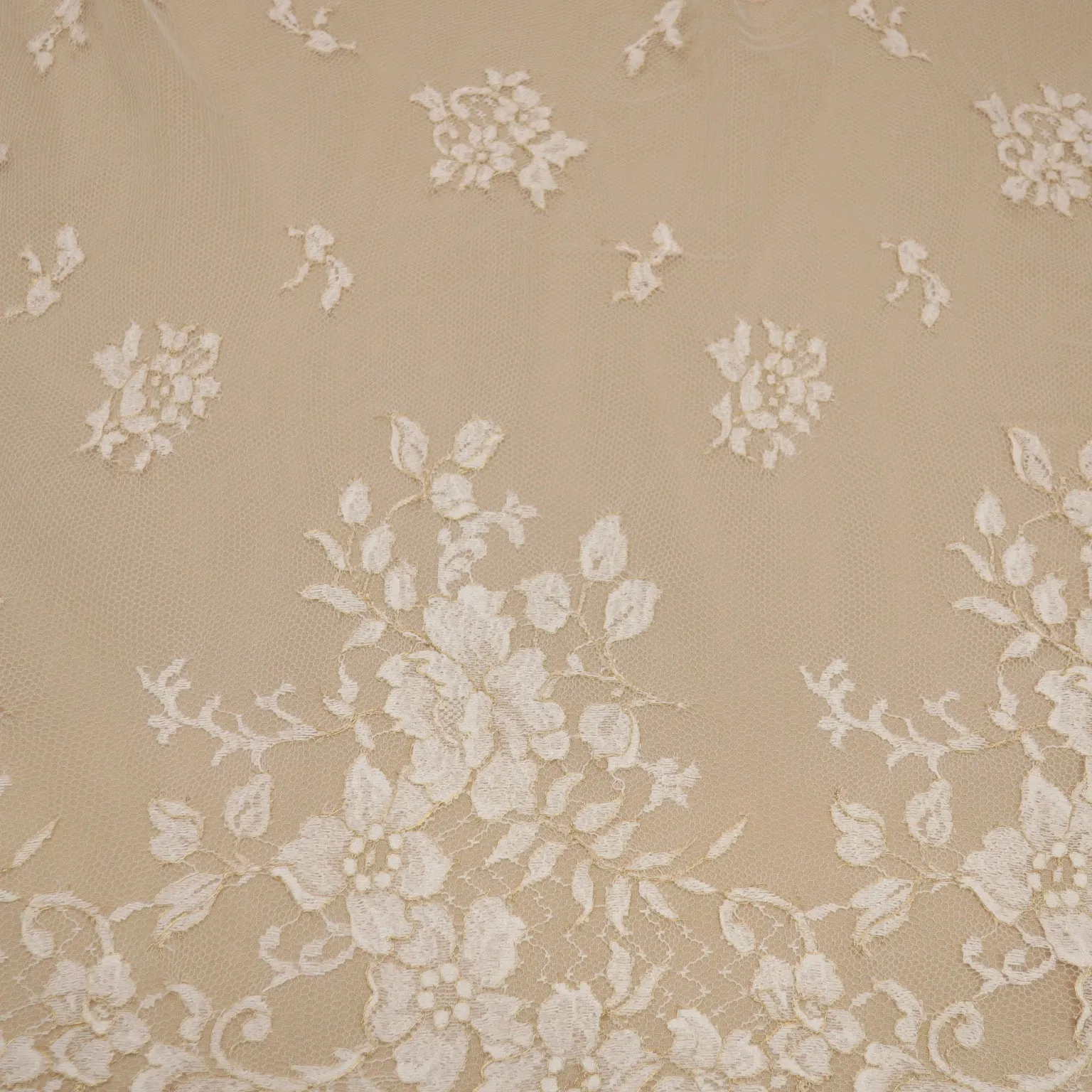 White and Gold Embroidered Chantilly Floral Single Scalloped Lace Solstiss