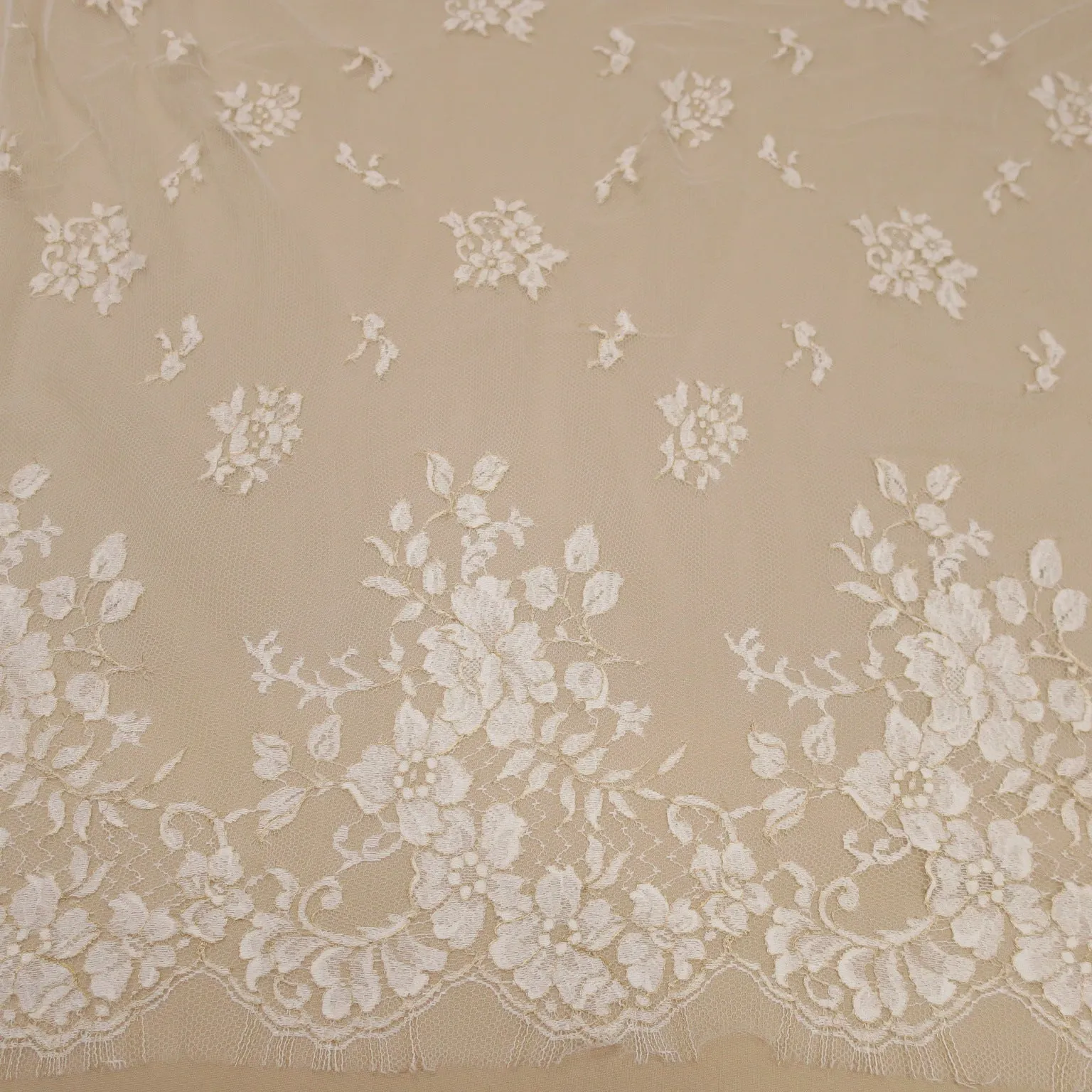 White and Gold Embroidered Chantilly Floral Single Scalloped Lace Solstiss