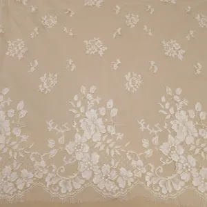 White and Gold Embroidered Chantilly Floral Single Scalloped Lace Solstiss