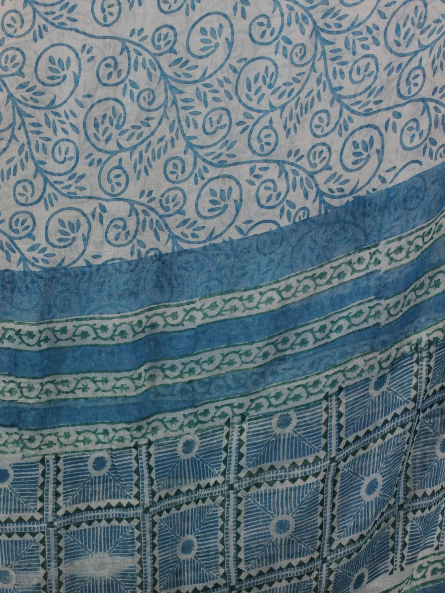 White Teal Blue Hand Block Printed Cotton Suit-Salwar Fabric With Chiffon Dupatta (Set of 3) - S16281303