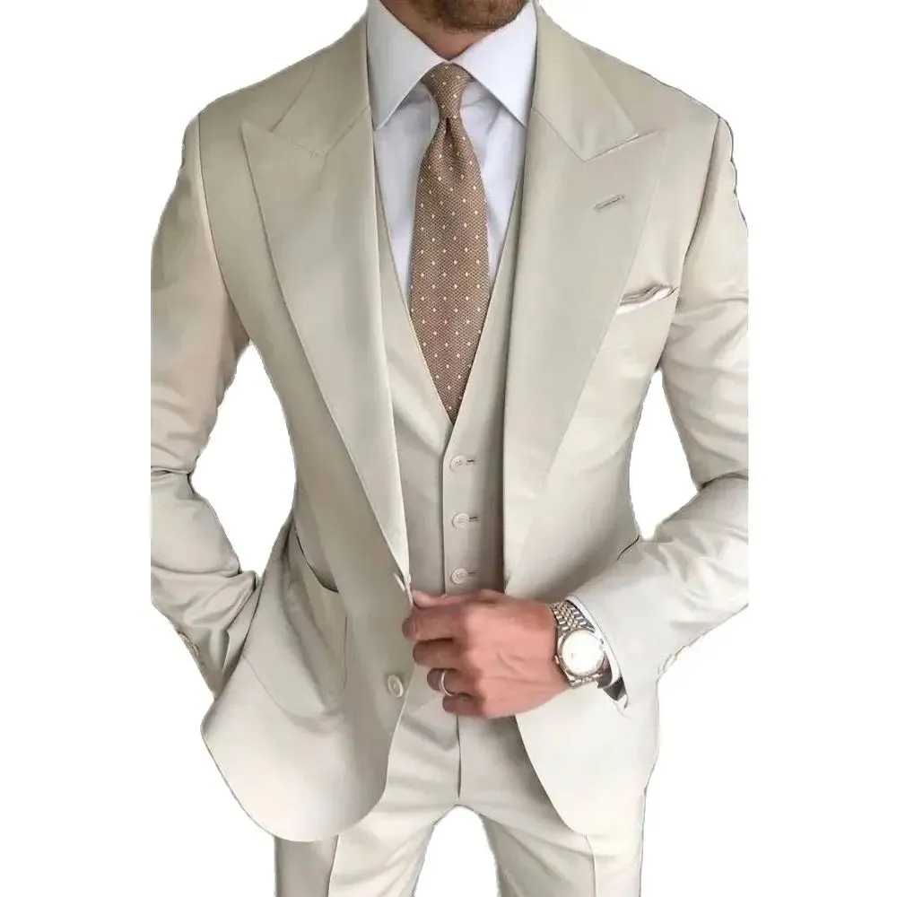 Wiaofellas  - Elegant Beige Peak Lapel Men Suits Fashion Single Breasted Party Wedding Tuxedo Slim Chic Business Daily Office Suit 3 Piece